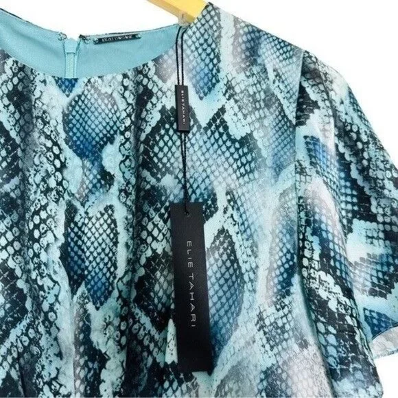 Elie Tahari  Dia Gathered Snake-Print Silk-Satin Mini Dress Turquoise Size 4 - Picture 9 of 15